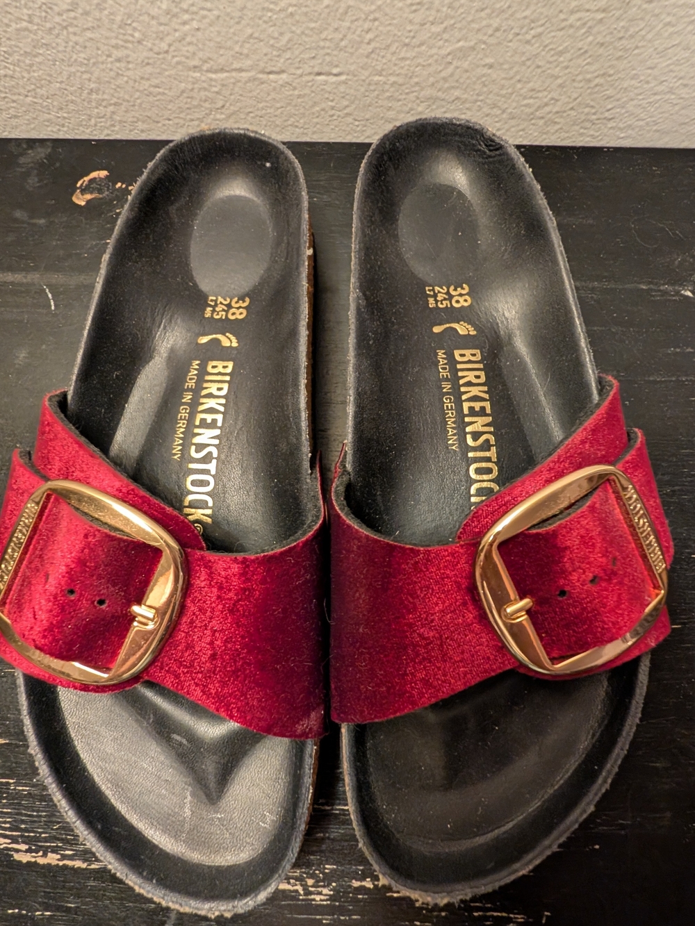 Birkenstock Madrid Velvet Slide Sandals in Deep Red with Gold Buckle - Picture 2 of 6